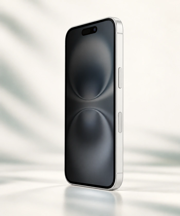Same phone with neutral content viewed from an oblique side angle, appearing nearly dark