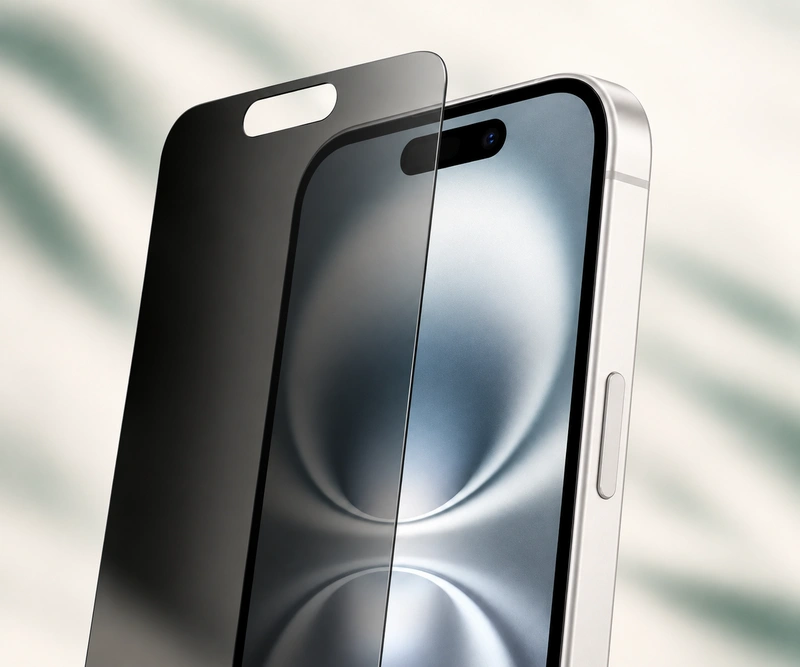 Close-up of a Belkin InvisiGlass Privacy protector aligned with a compatible smartphone