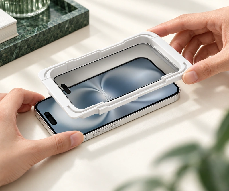 Hands using an alignment tray to position a privacy glass screen protector on a smartphone