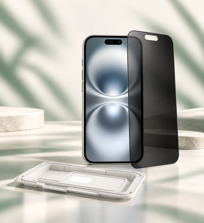 Product photograph showing a privacy screen protector, compatible smartphone and alignment tray